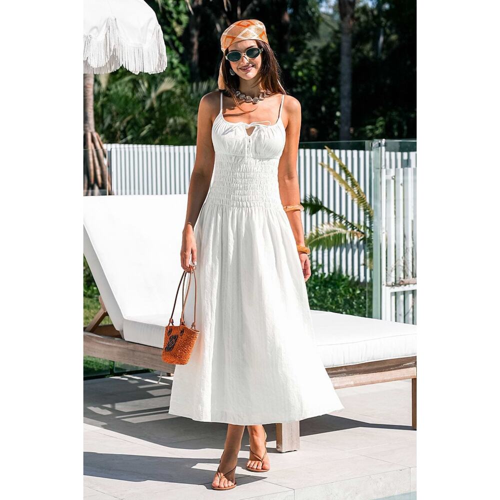 NEW Cupshe x‎ Kelsey Anderson Sunny Side Maxi Dress White Smocked Tie Front MED - Picture 6 of 16